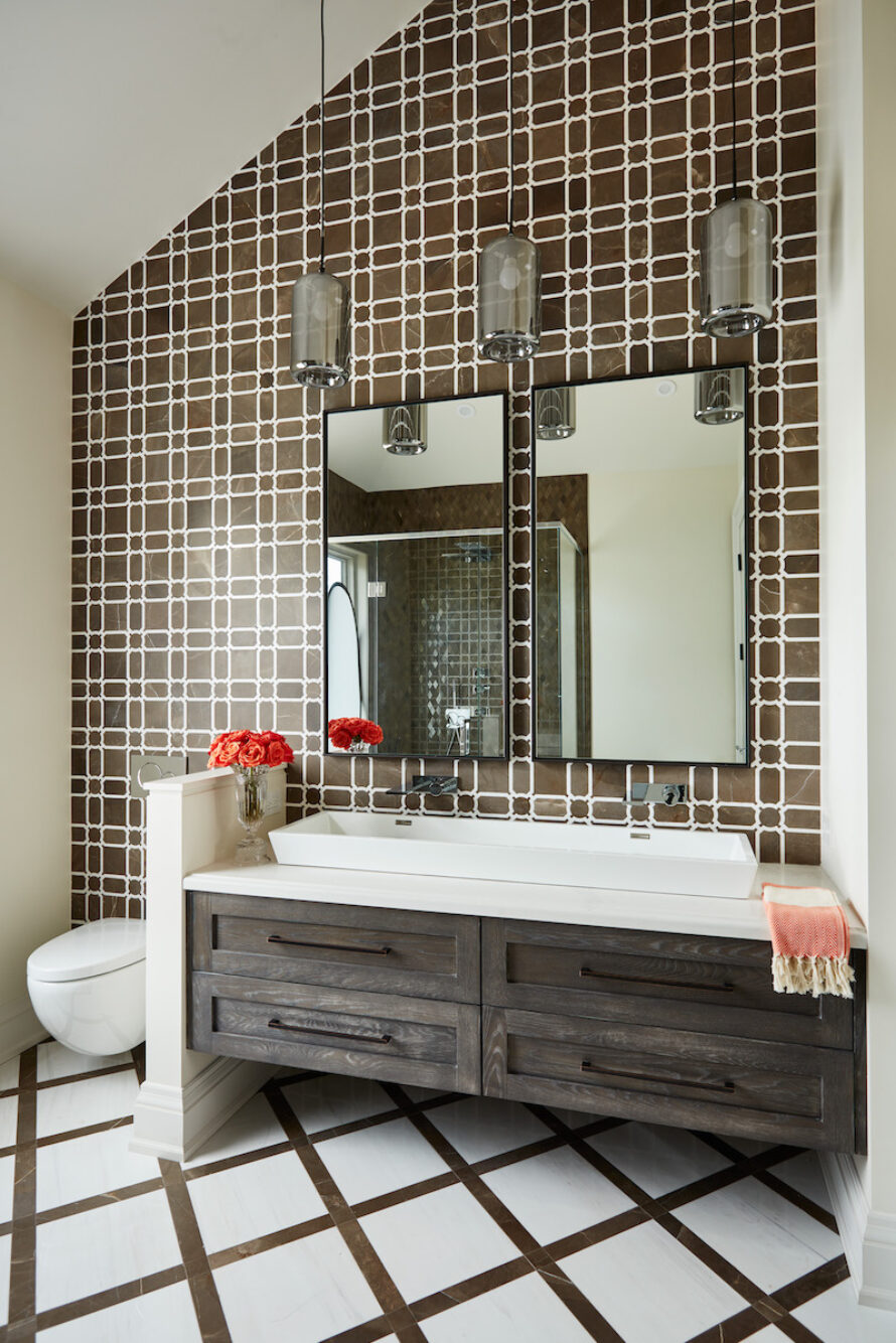 angled-ceiling-bathroom-design-brown-white-accent-wall