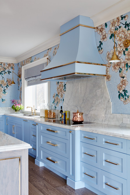 baby-blue-light-blue-kitchen-cabinets-floral-and-marble-backsplash