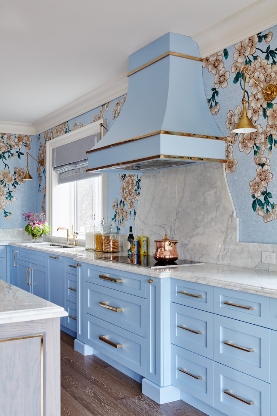 baby-blue-light-blue-kitchen-cabinets-floral-and-marble-backsplash