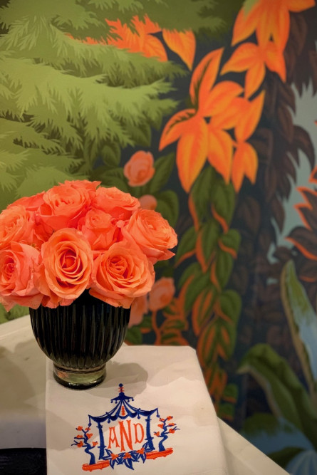 pink-orange-rose-bouquet-monogram-hand-towel-bathroom-interior-design